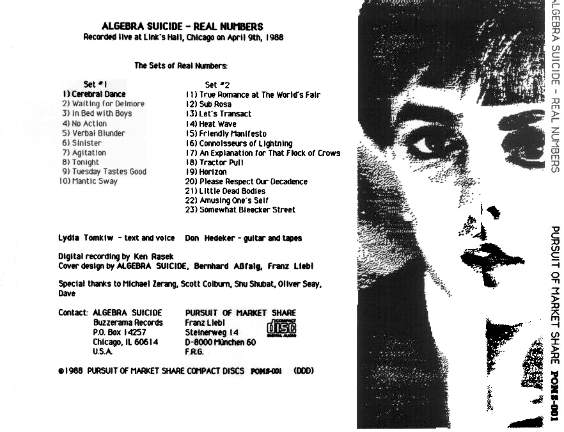 Back cover of Algebra Suicide's album "Real Numbers," recorded live at Links Hall.